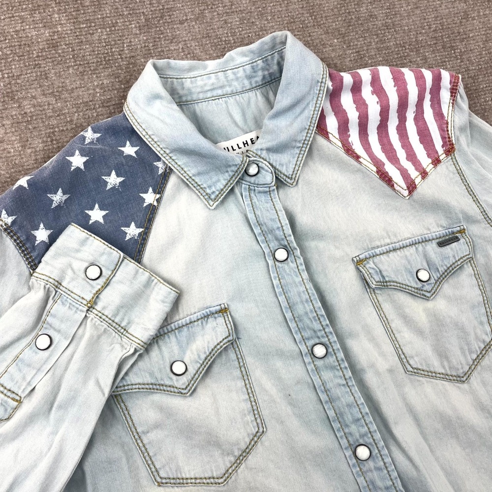 Bullhead Denim Co Western Shirt Womens L Blue Regular Peaked Yoke American Flag
